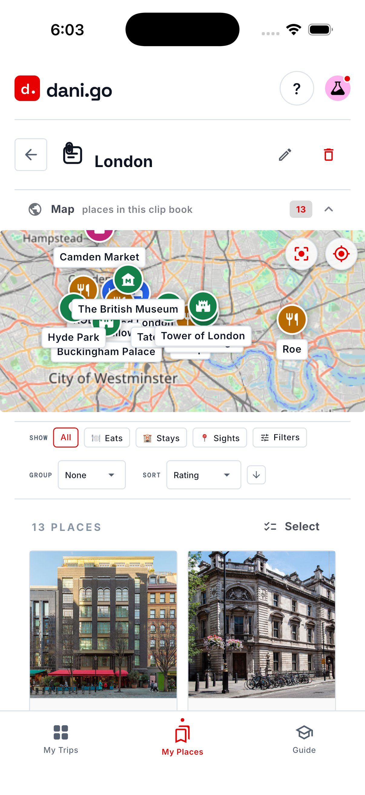 A London Clip Book with its 13 saved places shown on a map and as photo cards.