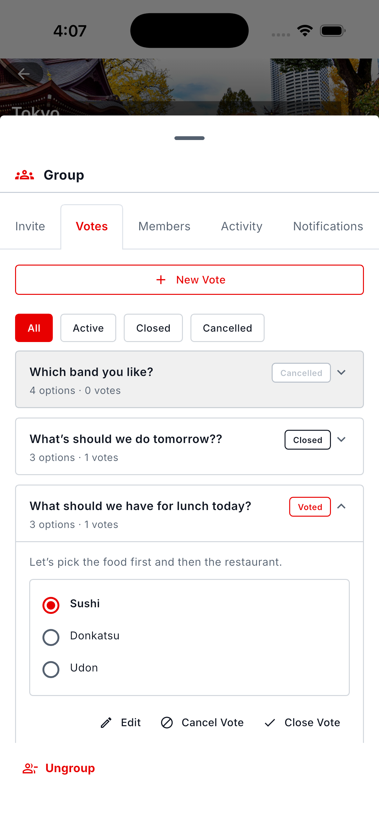 The Group tab with an open vote on where to have lunch and three options to pick from