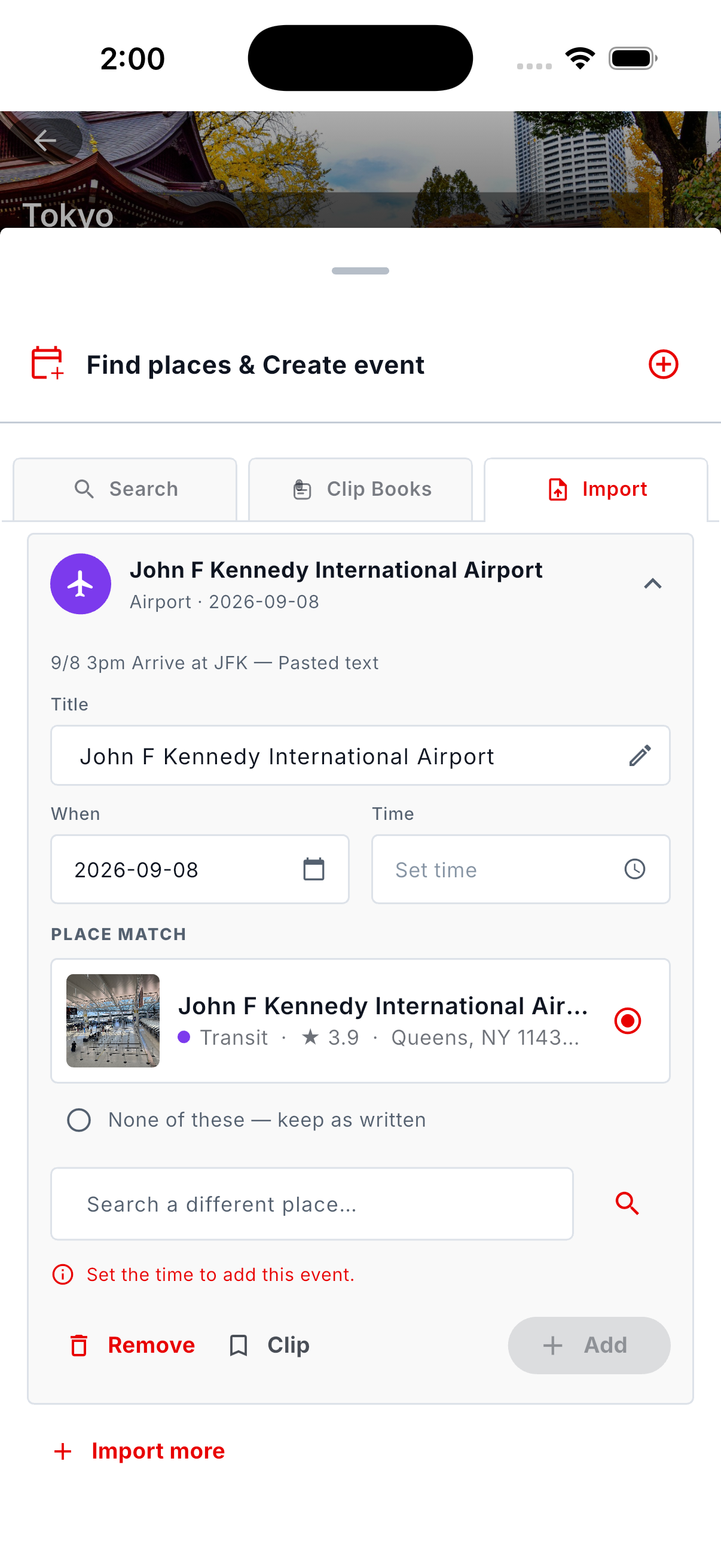 Import review with an airport arrival, its editable date, and the matched place dani.go found.