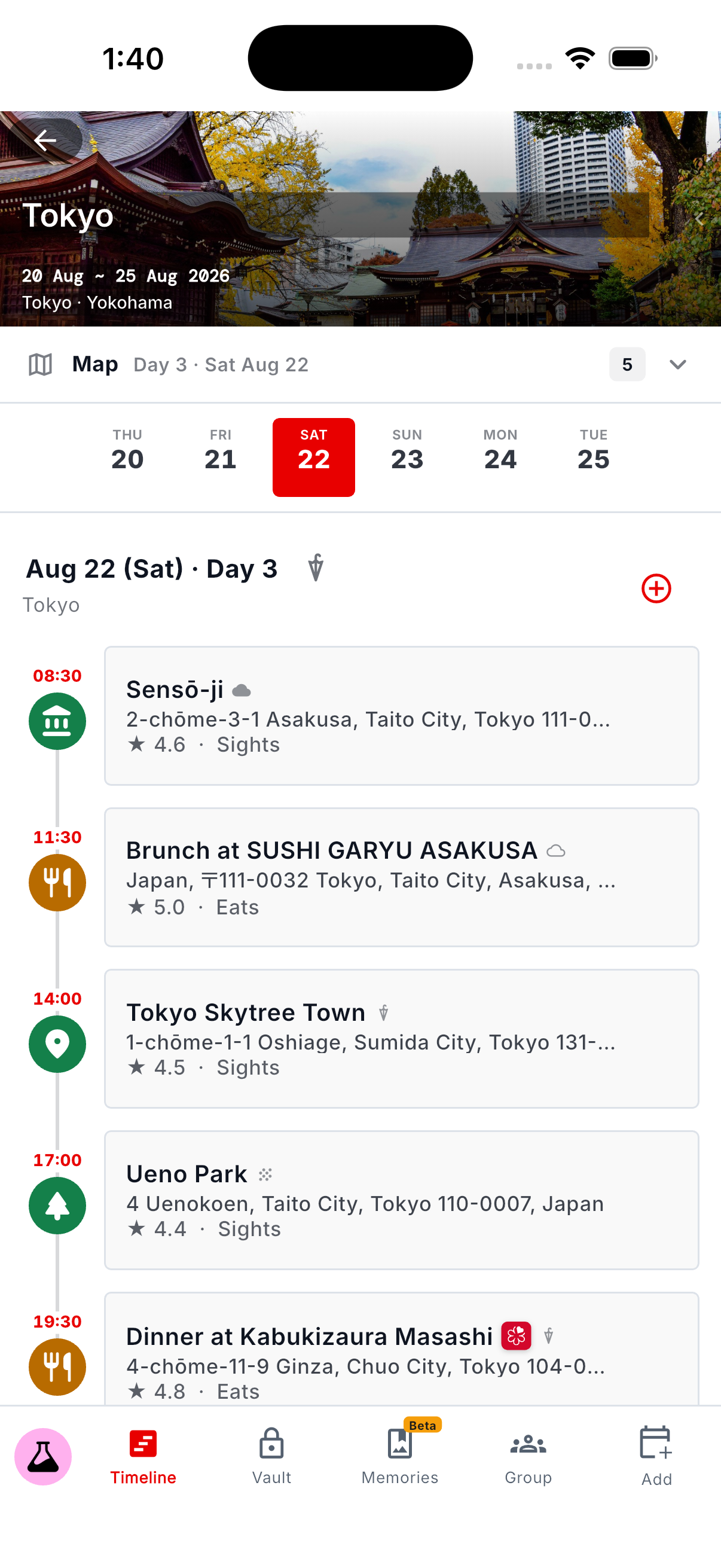 dani.go Timeline showing day 3 of a Tokyo trip, with Sensō-ji at 08:30, brunch at 11:30 and dinner at 19:30.