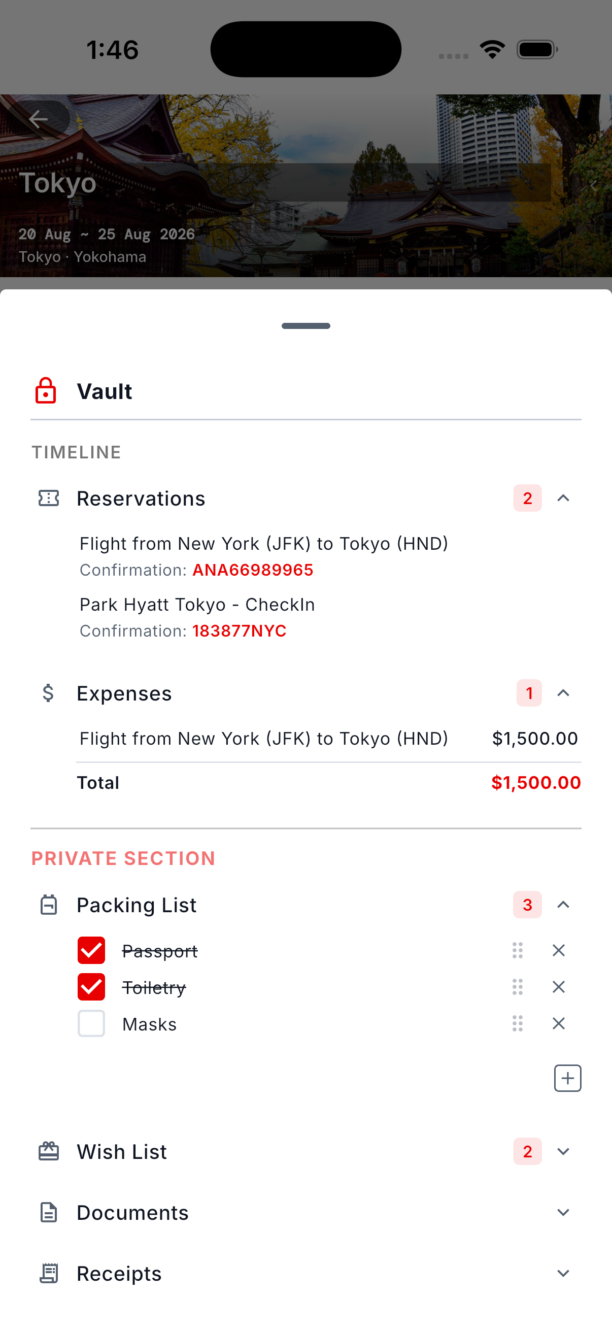 The trip Vault, showing reservations, expenses and a private packing list